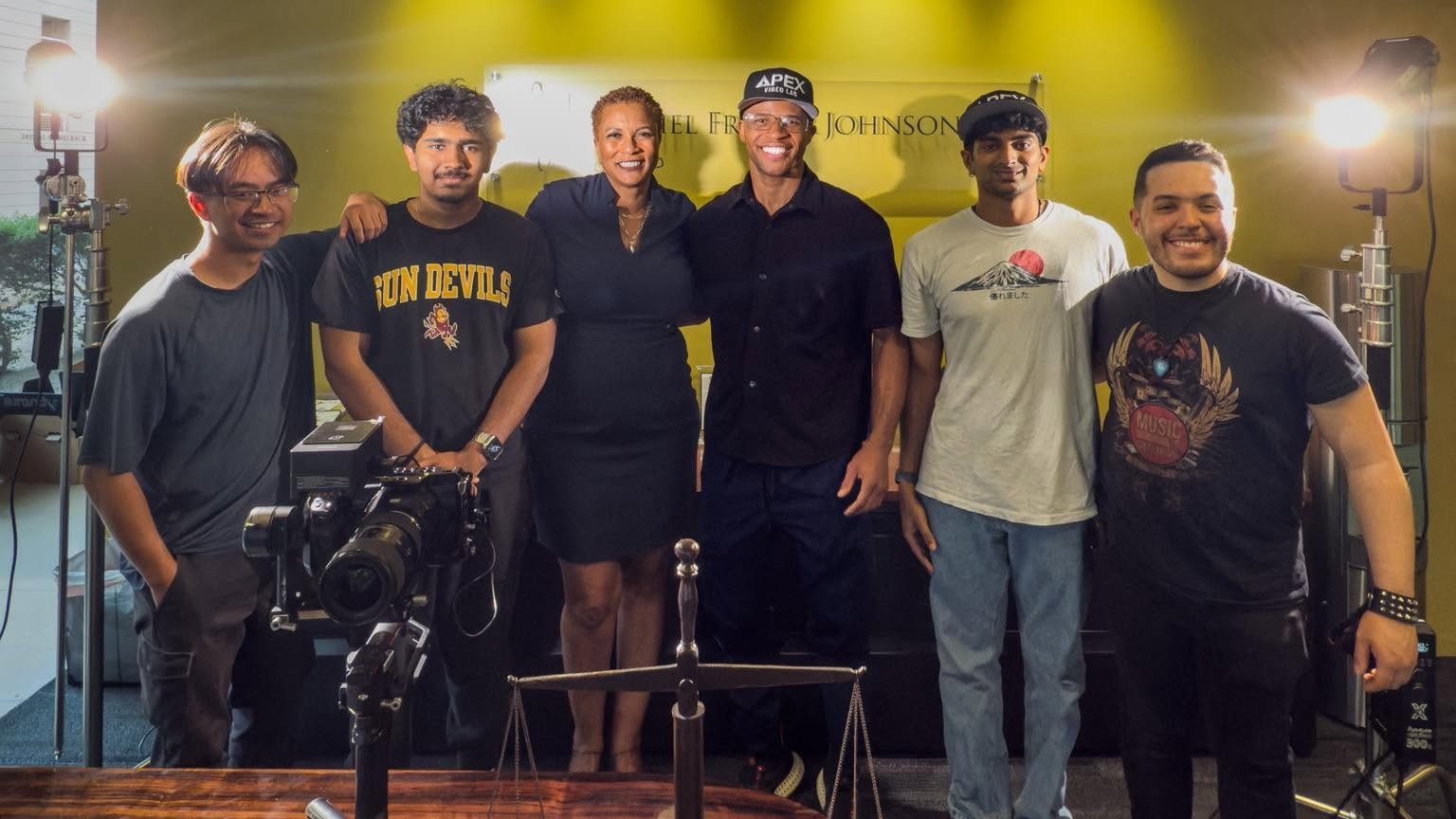 The APEX crew with Rachel Frazier Johnson on the Access to Justice set