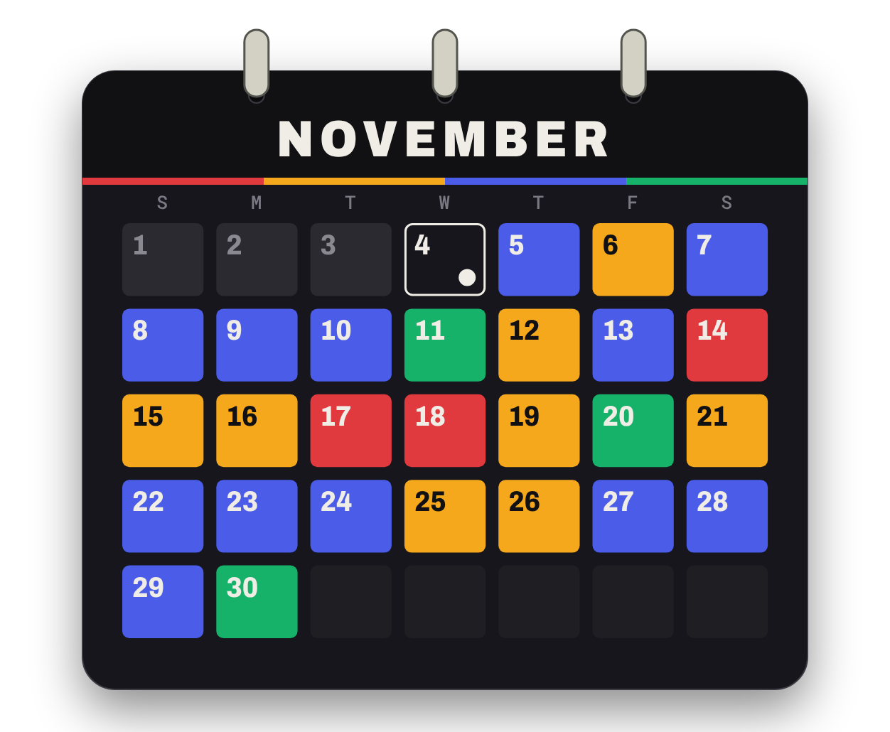 A November calendar, numbered by day: a few quiet days, the shoot day outlined, then nearly every day after it filled in colour